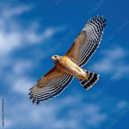 Majestic Red Shouldered Hawk in Flight Against Blue Sky Capturing the Freedom and Beauty of Wildlife