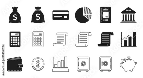 Financial Icons: A collection of financial symbols, illustrating key concepts such as banking, transactions, and savings, each carefully drawn to represent the world of finance.