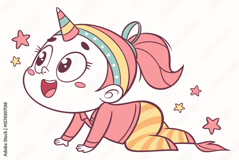 Fototapeta premium Vector cute Baby Girl cartoon character wearing a unicorn headband and a joyful expression isolated on white background