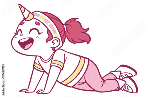 Vector cute Baby Girl cartoon character wearing a unicorn headband and a joyful expression isolated on white background