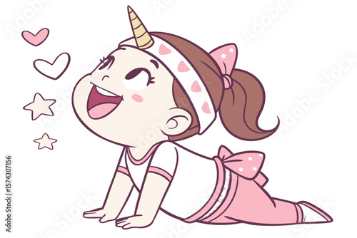 Vector cute Baby Girl cartoon character wearing a unicorn headband and a joyful expression isolated on white background