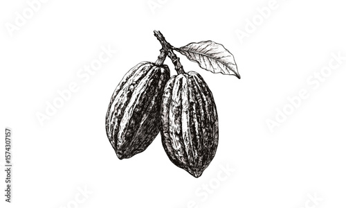 Vintage cacao pod engraving, antique hand-drawn sketch style, retro black ink artwork, chocolate ingredient illustration, old engraving style, botanical cacao print, rustic food decor, trendy design