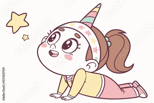 Vector cute Baby Girl cartoon character wearing a unicorn headband and a joyful expression isolated on white background