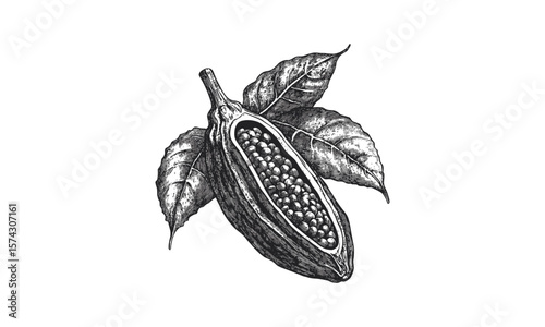 Retro cacao pod engraving, vintage hand-drawn illustration, antique sketch style, black ink food artwork, trendy chocolate design, botanical art print, rustic cacao decor, natural ingredient