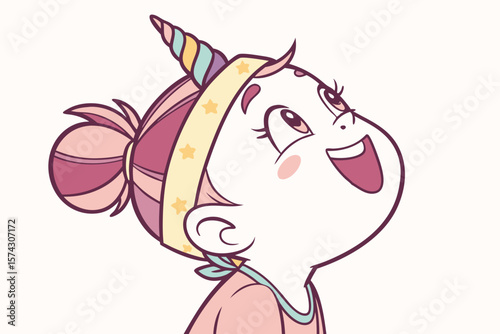 Vector cute Baby Girl cartoon character wearing a unicorn headband and a joyful expression isolated on white background