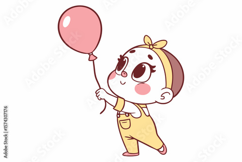 Vector cute Baby Girl cartoon character wearing a yellow romper and holding a balloon isolated on white background