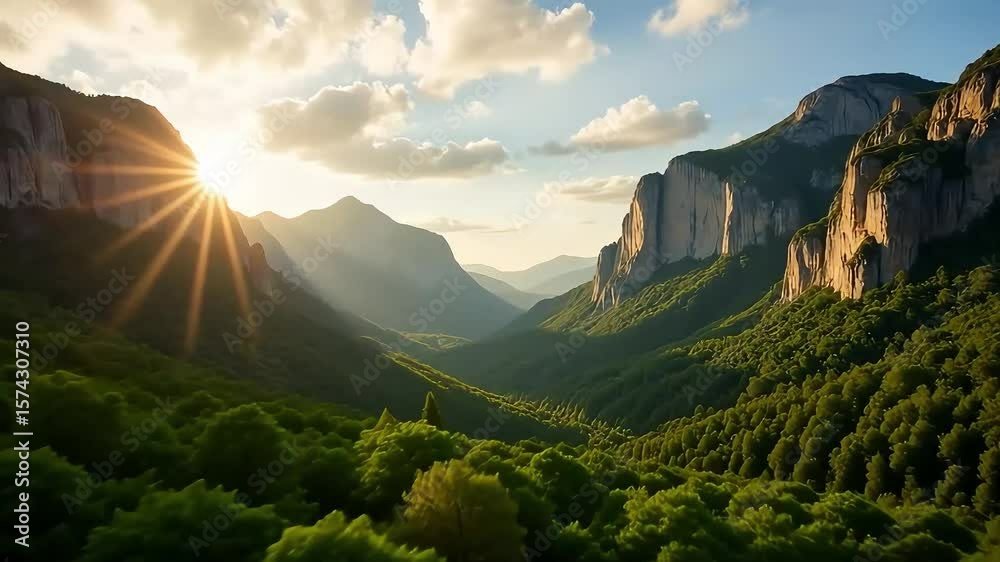 Scenic mountain valley landscape with sun rays and green forest nature background image for desktop 4k