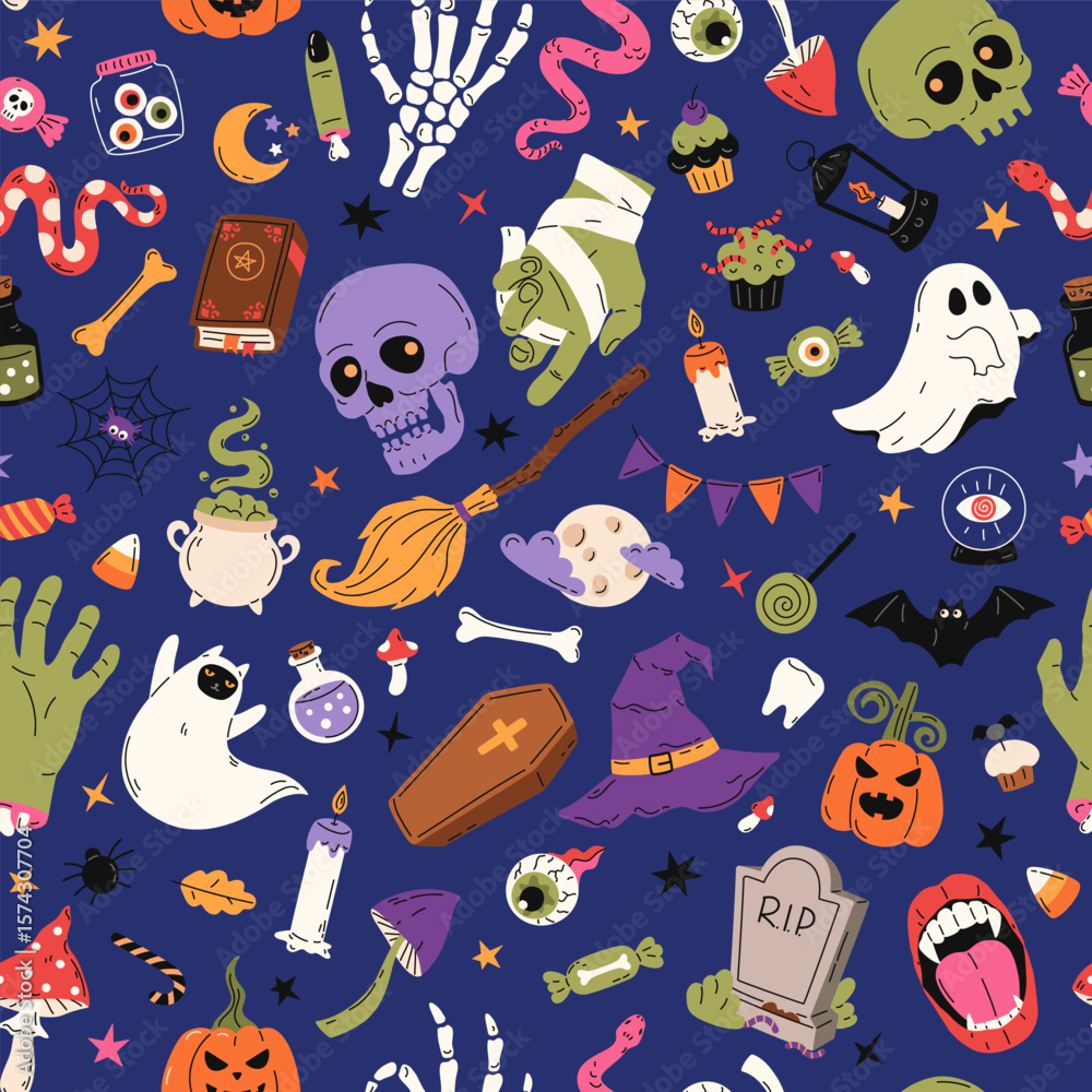 Seamless pattern of Halloween elements. Cartoon pumpkin, scull, castle, coffin, grave, bat, bone, skeleton. Hand drawn flat illustration. Colorful background for print, poster, banner, wrapping paper