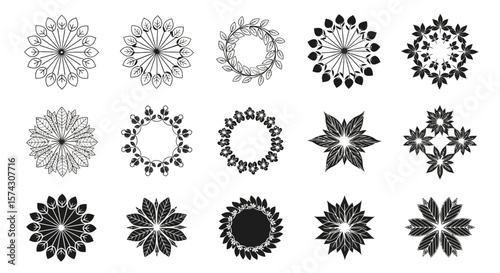 Floral Pattern Set: A meticulously crafted collection of intricate floral patterns, meticulously rendered in elegant black lines, evoking the essence of floral designs.