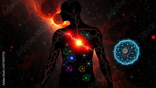Human silhouette with:
Veins = galactic clusters resembling neurons
Heart = pulsating star with an electrocardiogram rhythm
Lungs = fractal oxygen trees
Microscopic cells contain entire ecosystems.
