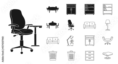 Office Interior Design Elements: A collection of office interior elements showcases the chair, desk, sofa, lamps, and other office furniture. A versatile and essential element for modern offices.