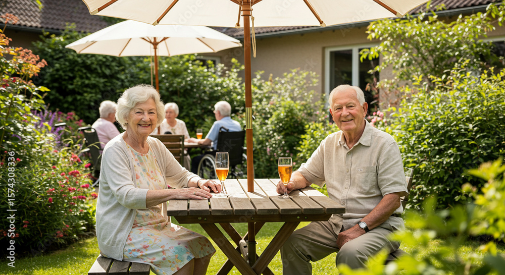 Obraz premium Elderly Couple Enjoying Drink in Garden