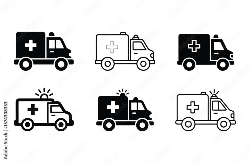 Fototapeta premium Collection of emergency ambulance icons in various design styles