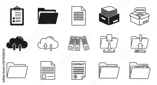 Digital Organization: A comprehensive collection of minimalist vector icons illustrating various aspects of digital archiving.