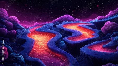 Enchanting Cosmic Landscape with Glowing River Mystical Violet Clouds and Starry Sky Unveiling Dreamlike Beauty Creative Fantasy