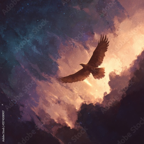 Majestic Eagle soaring through a Cosmic Sky amidst Celestial Clouds and Radiant Light artistic painting