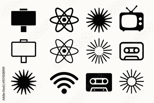 Iconic Elements Collection: A collection of assorted icons featuring classic symbol. The image exudes a timeless aesthetic with simple and clear shapes. 
