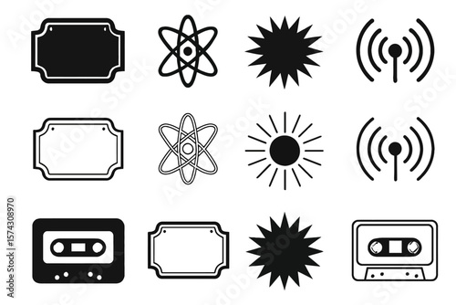 Icons in Line: Array of geometric shapes and simple icons for business or design. Including an atom, a wifi logo, and a tape player.