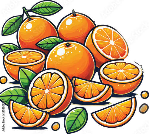 Colorful cartoon style illustration of fresh oranges whole sliced and with green leaves