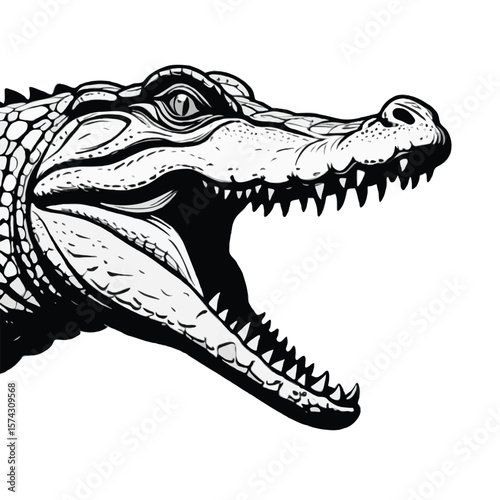 Black and White Crocodile Head Silhouette Illustration for T-shirt print, Logo, Tattoo design, sticker, Poster, banner, wildlife themed flyer