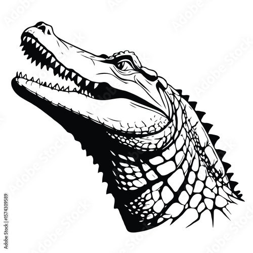 Crocodile face side view vactor silhouette for T-shirt print, Logo, Tattoo design, sticker, Poster, banner, or wildlife-themed flyer
