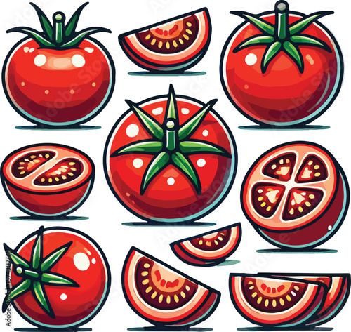 Set of stylized and colorful tomatoes featuring whole and sliced vegetable illustrations