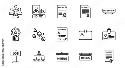 Icons for Career and Hiring: A collection of various vector graphic icons related to career, job search, hiring, human resources, including symbols such as interview, resume, job application.