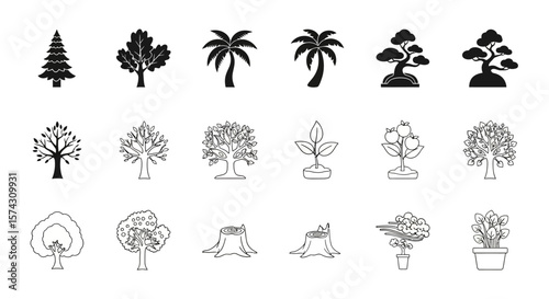 Diverse Tree Varieties: A collection of black and white tree illustrations, each representing a unique species, ideal for various design needs.