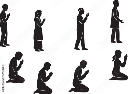 Prayer Silhouette Icon Set – Standing, Kneeling & Devotional Poses for Spiritual and Meditation Design Projects