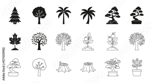 Diverse Tree Collection: A comprehensive collection of diverse tree illustrations showcasing a variety of tree shapes and sizes, perfect for adding a touch of nature's beauty to any project.