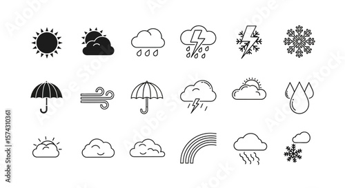 Weather Icons Set: A comprehensive set of meticulously crafted line art icons, representing various weather conditions, providing clear and concise visual representations for any design project.