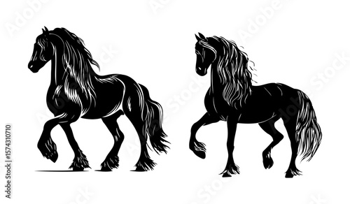 Friesian Horses with Flowing Manes – Elegant Vector Silhouettes