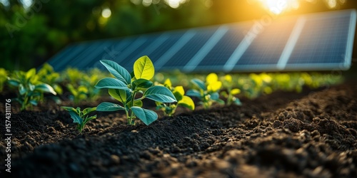 seeds are in precise rows in a large field, solar panels visible in the background, right side empty for text, bright natural lighting