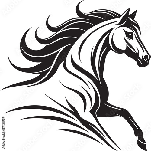 Majestic black horse in motion white running