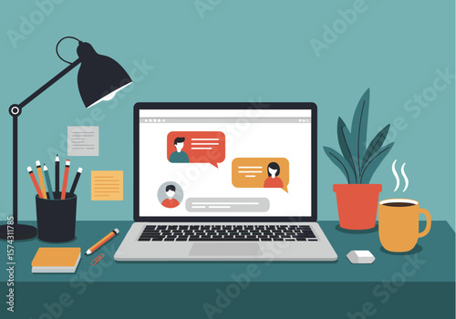 Laptop on a desk shows a messaging app, complete with a cup of coffee, lamp, and plant, depicting a modern, comfortable remote work environment.