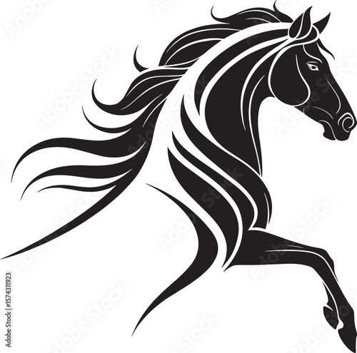 Majestic black horse in motion white running