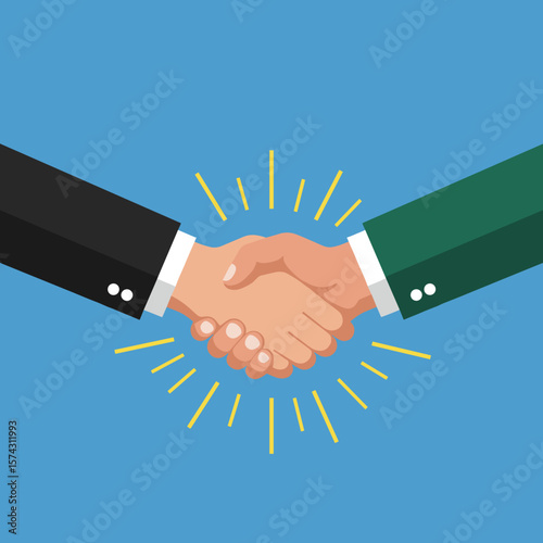 A cartoon illustration depicts a handshake between two business people, symbolizing agreement, partnership, and successful collaboration on a vibrant blue background.