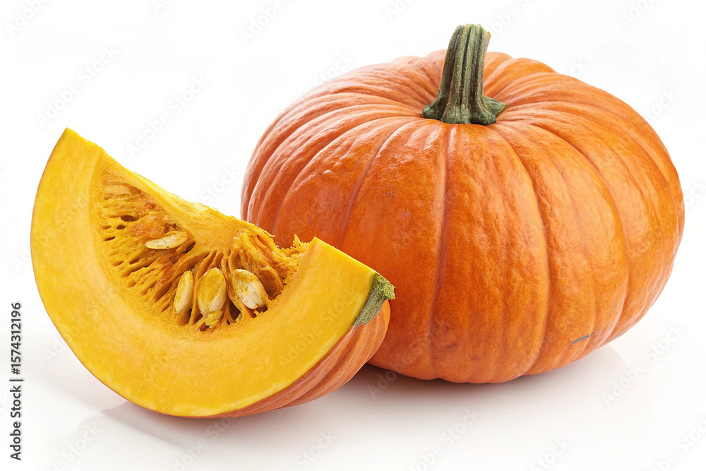 Orange Pumpkin with Slice on White Background Orange Pumpkin with Slice on White Background