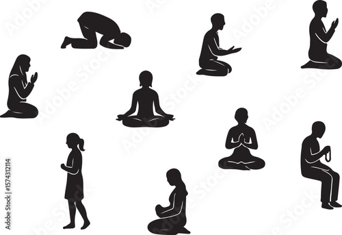 Prayer & Meditation Silhouette Icon Set – Kneeling, Seated & Devotional Poses for Spiritual Design Projects