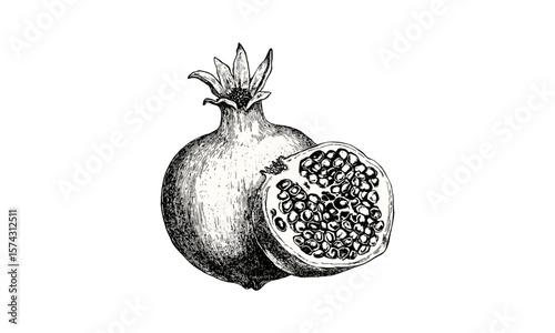 Antique botanical vintage pomegranate fruit, hand-drawn black ink sketch, retro style food art, detailed engraving, old print technique, trendy natural illustration, rustic kitchen decor