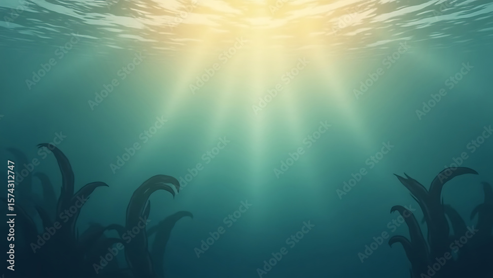 Fototapeta premium Underwater scene with sunbeams shining through the water onto kelp