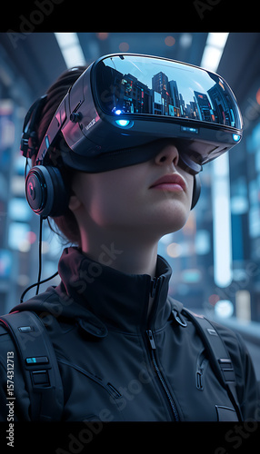 “Person Wearing VR Headset and Headphones with City Reflection Representing Immersive Technology and Urban Lifestyle”