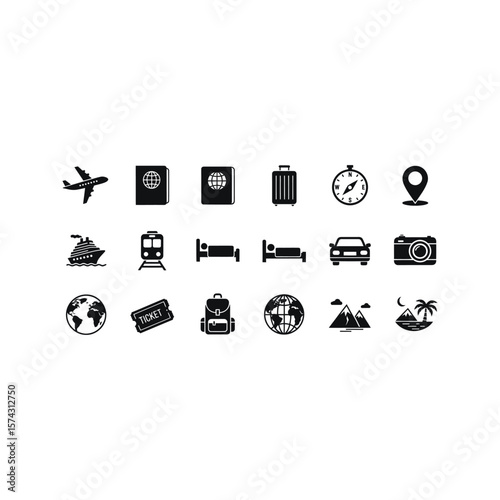 Travel icons plane passport suitcase hotel car camera map ticket backpack globe mountains beach