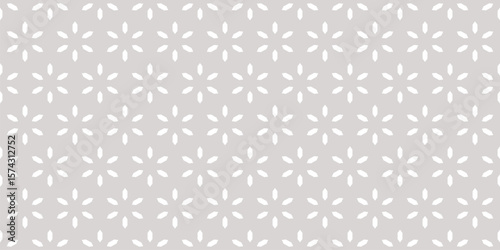 Vector floral seamless pattern. Abstract minimal geometric ornament with small flowers in asian style, diamonds, stars. Subtle light gray minimalist background texture. Repeat design for decor, fabric
