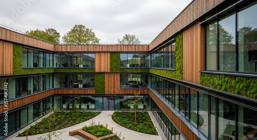 Modern courtyard building with vertical green walls and abundant natural light