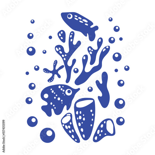 Underwater world. Blue silhouettes of sea inhabitants and algae with bubbles under water in simple style. Monochrome picture stamp with sea fish and jellyfish. Vector for stickers, textiles, postcards