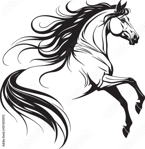 Majestic horse rearing black and white mane tail