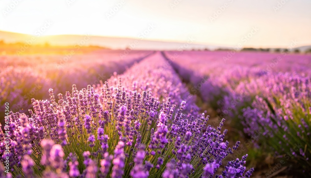 Obraz premium lavender field at golden hour with rows of vibrant purple blossoms stretching into distance beneath serene pastel sky