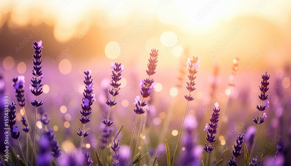 Naklejka premium lavender field at golden hour with rows of vibrant purple blossoms stretching into distance beneath serene pastel sky