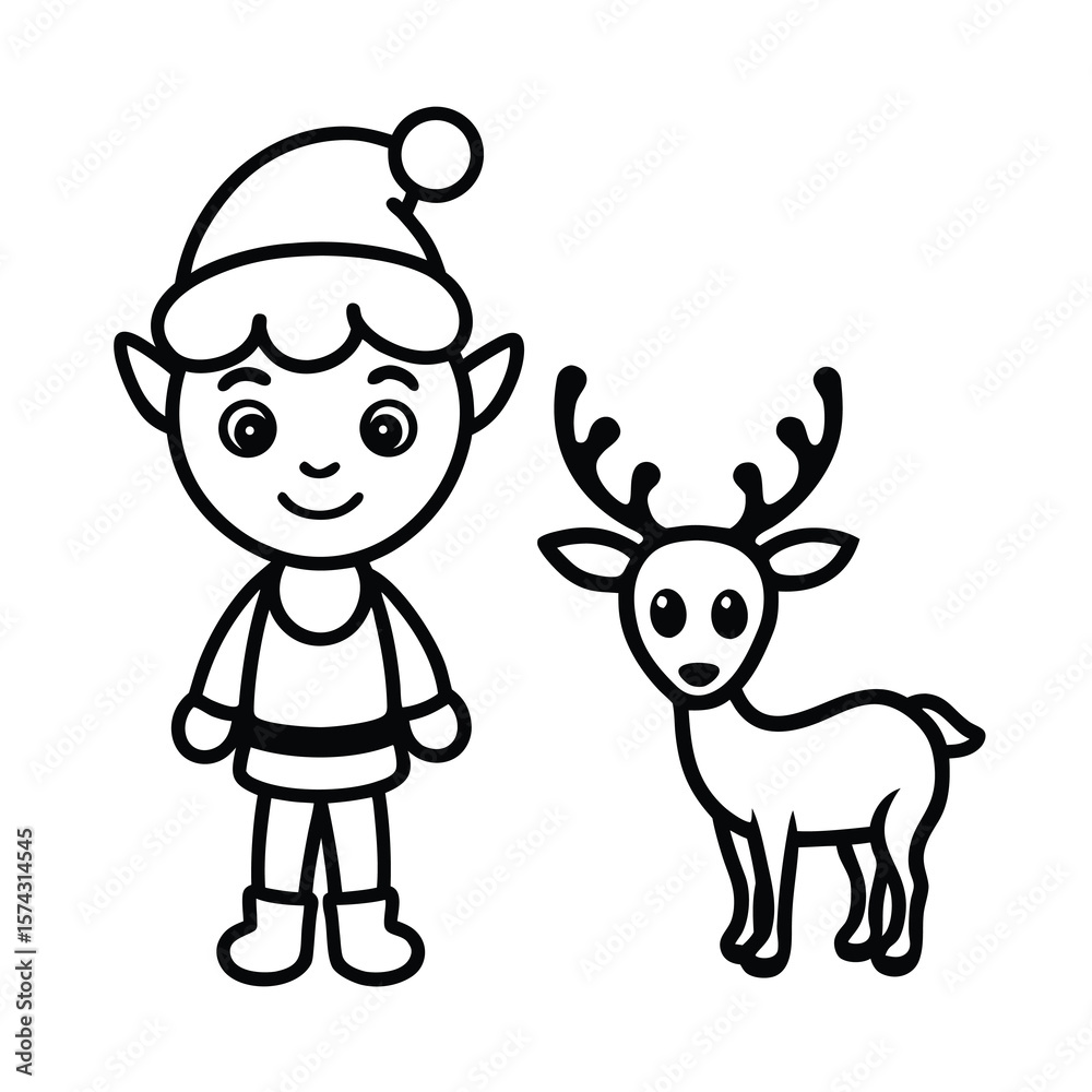 Naklejka premium cute christmas elf and deer cartoon illustration